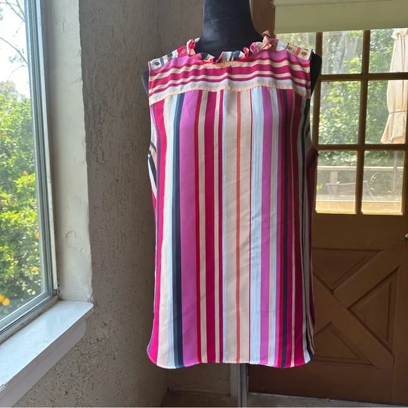 🦋 Loft Size L Pastel Summer Pinks Rainbow Stripes Sleeveless Blouse 🌈💕🎀 - Picture 6 of 8